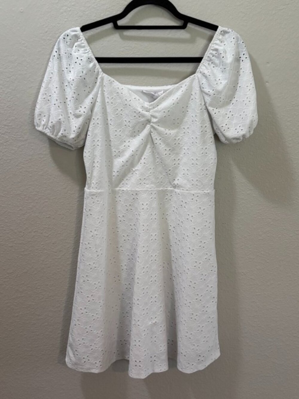 Sadie & Sage White Boho Cottagecore Eyelet Puff Sleeve Mini Dress Size Medium